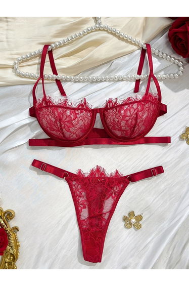 Burgundy All-Over Lace Non Padded Wired Balconette Bra and Thong Lingerie Set