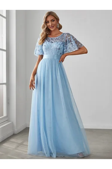 Sequin Print Maxi Evening Dresses with Cap Sleeves