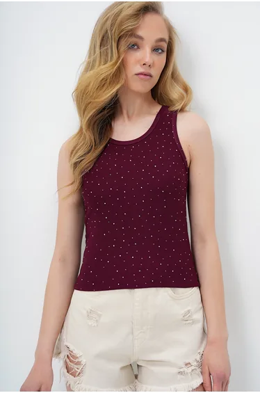 Women's Crew Neck Stone Embroidered Ottoban Suspender Blouse Wine