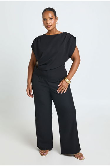 Plus Ruched Shoulder Asymmetric Trim Top - black