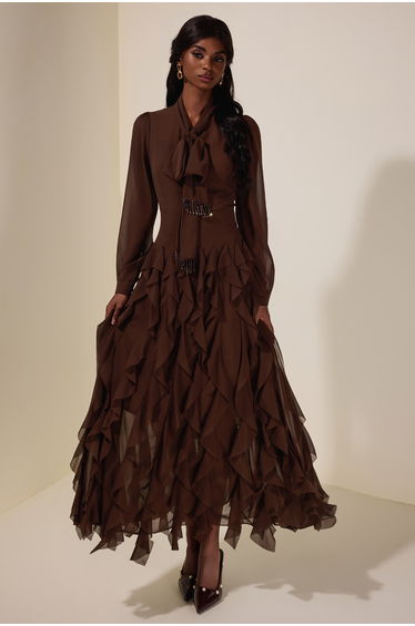 Chiffon Frill Beads Maxi Dress