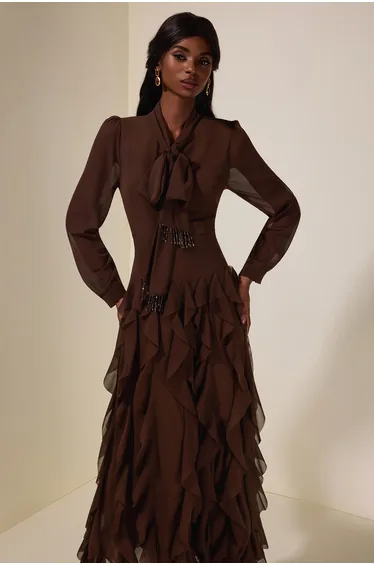 فستان جاردان فو شيفون بني ماكسي على شكل حرف A بأكمام طويلة