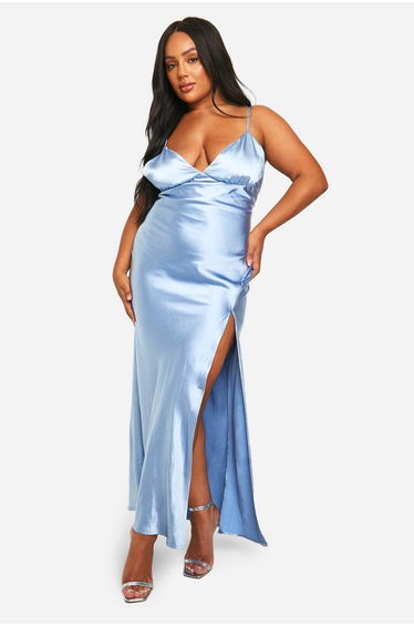 Plus Bridesmaid Satin Strappy Maxi Dress - blue