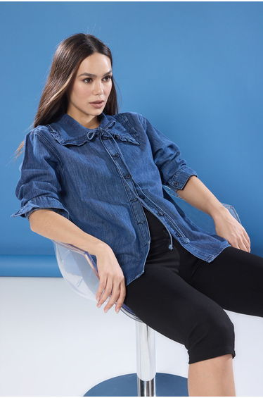 Dark Blue Tie Detail Baby Collar Denim Shirt
