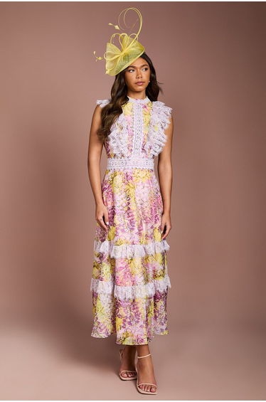 Lace Trim Printed Georgette Midi Dress
