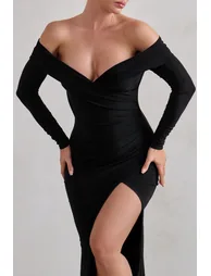 Club L London Black Off-Shoulder Bodycon Evening Wrap Dress - 1