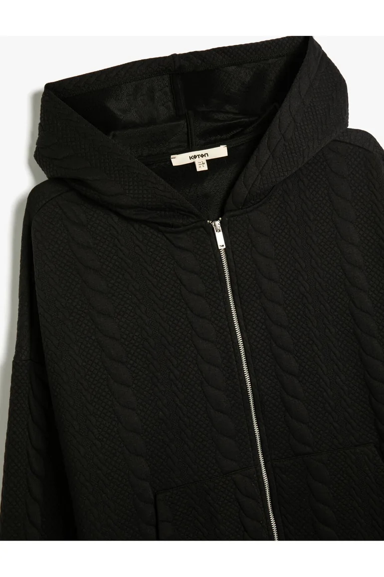 Hooded Sweatshirt Cardigan Textured Pocket Detailed - 2