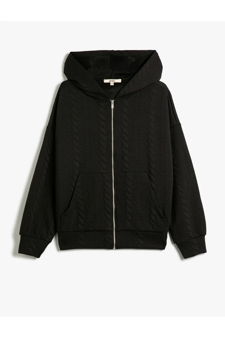 Hooded Sweatshirt Cardigan Textured Pocket Detailed