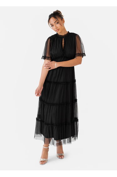 Anaya with Love Black Keyhole Detail Short Sleeve Frill Midaxi Dress