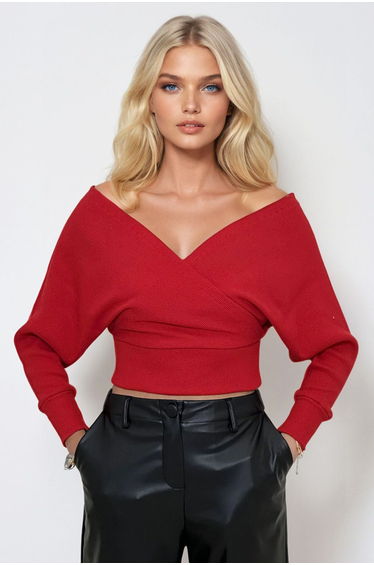 Women's Red Front Back V-Neck Double Breasted Blouse لا