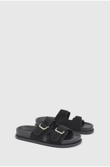 Faux Suede Adjustable Double Buckle Footbed Sliders - black