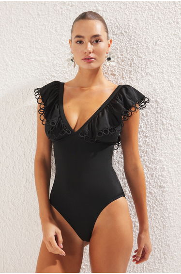 Black V Neck Flounce Regular Swimsuit