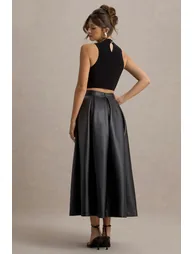Noa | Black Faux Leather A-Line Midi Skirt - 1