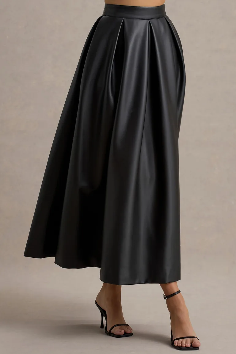 Noa | Black Faux Leather A-Line Midi Skirt - 2