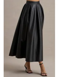 Noa | Black Faux Leather A-Line Midi Skirt - 2