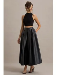 Noa | Black Faux Leather A-Line Midi Skirt