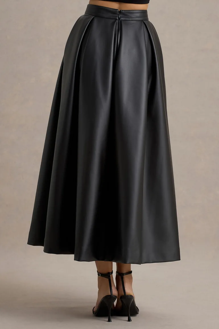 Noa | Black Faux Leather A-Line Midi Skirt - 3