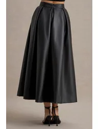 Noa | Black Faux Leather A-Line Midi Skirt - 3