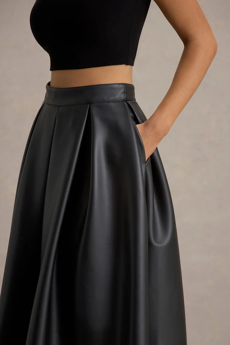 Noa | Black Faux Leather A-Line Midi Skirt - 4