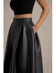 Noa | Black Faux Leather A-Line Midi Skirt - 4