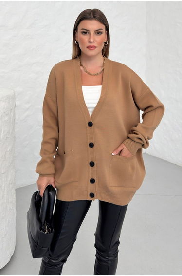 Women's Milk Coffee Long Sleeve Pocket Cardigan