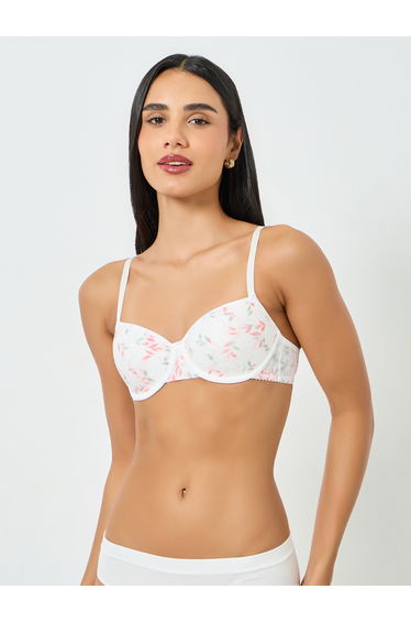 White Leaf Pattern Lace Trim Padded Wired Bra
