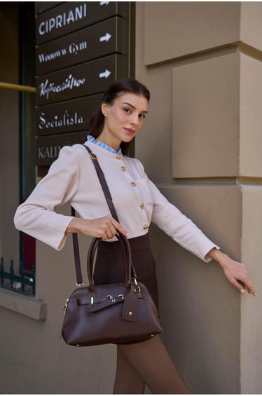 Brown Women's Retro Hand and Shoulder Bag with Gold Accessories