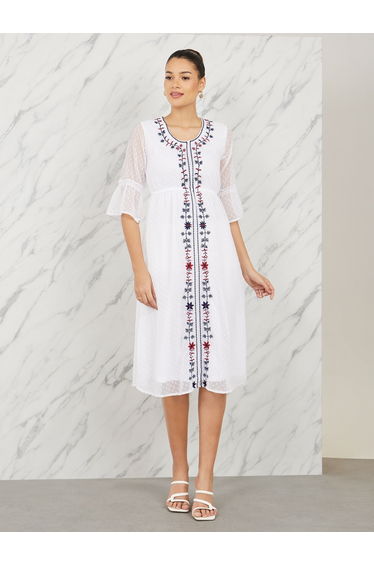 Dobby Floral Embroidered A-Line Midi Dress