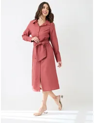 Women Pink Collared Neck Shirt Midi Dress