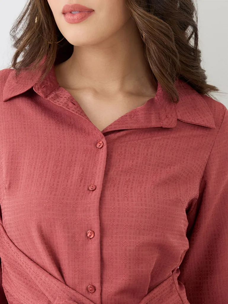 Women Pink Collared Neck Shirt Midi Dress - 3