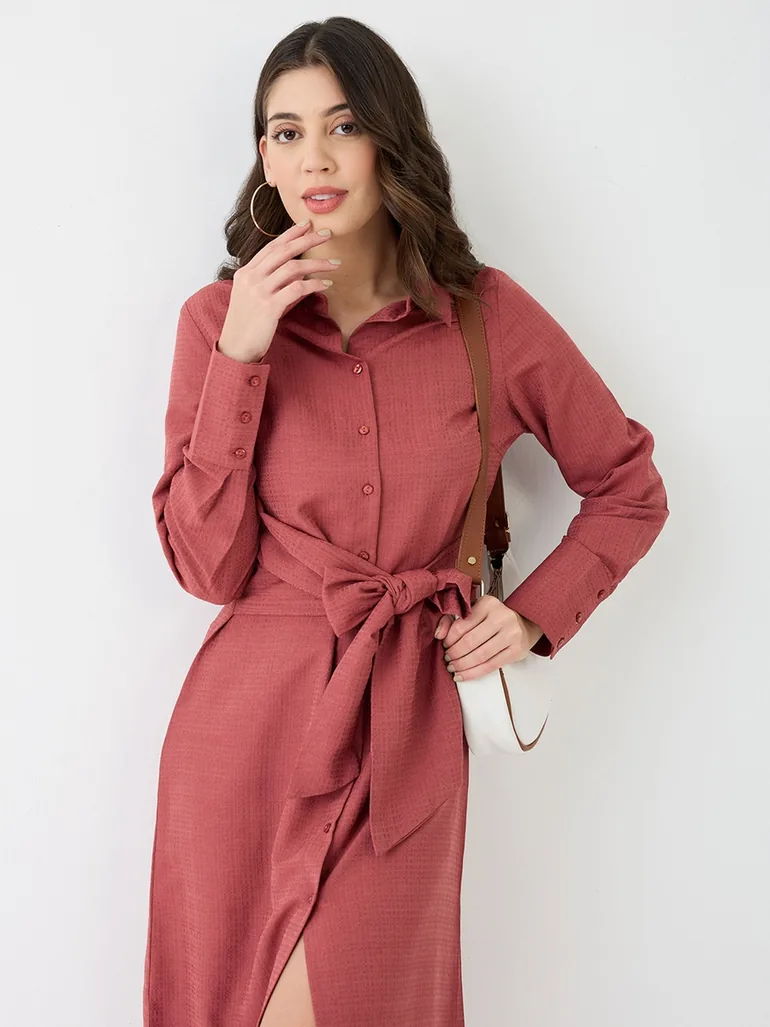 Women Pink Collared Neck Shirt Midi Dress - 4