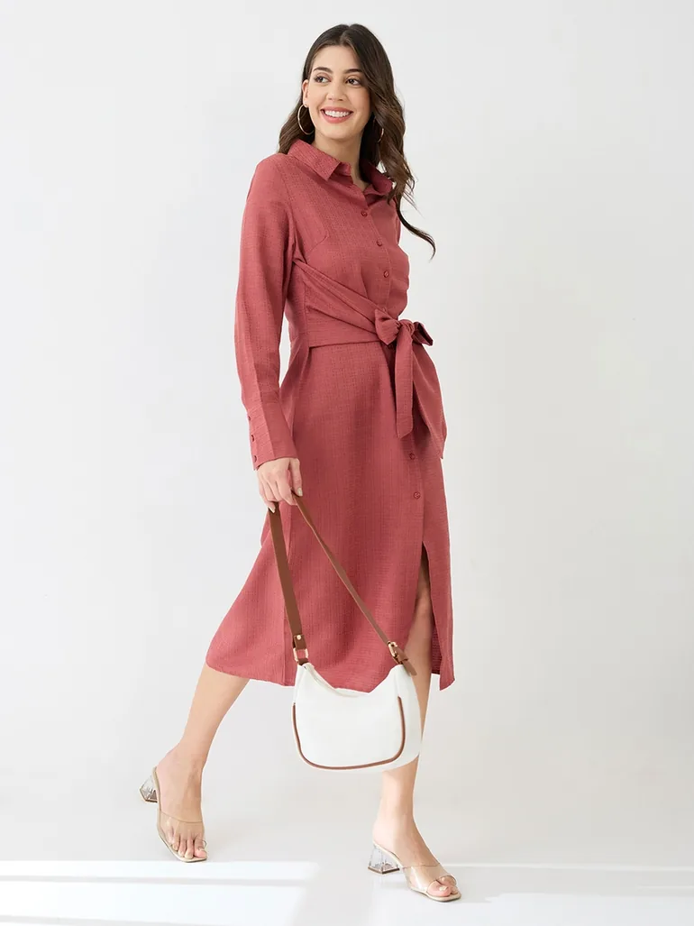 Women Pink Collared Neck Shirt Midi Dress - 1