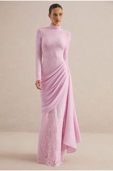 Enestra | Pink High-Neck Lace Maxi-Dress With Draped-Skirt
