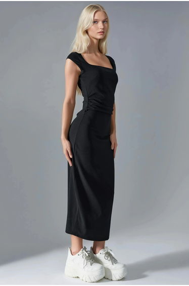 BUSEM Square Neck Slit Detailed Midi Dress