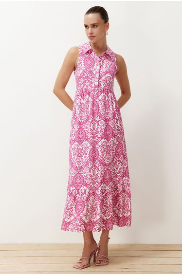 Multi Color Ethnic Pattern Polo Neck A-line/A-Line Opening Knitted Maxi Dress