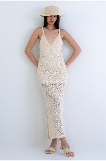 Women's Beige Rope Strap Lined Slit Knitwear Dress