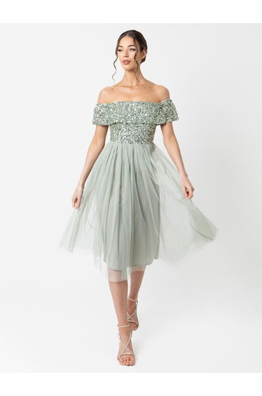 Maya Green Lily Bardot Embellished Midi Dress