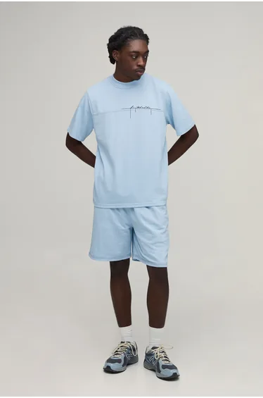 Regular Loopback Contrast Stitch Embroidered T-Shirt and Regular Fit Short Set - pastel blue