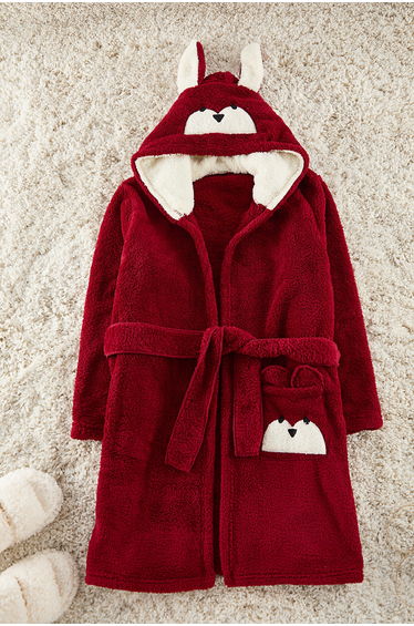 Burgundy Belted Animal Figure Pocketed Wellsoft Winter Knitted Dressing Gown