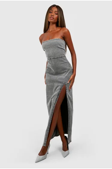 Denim Side Split Bandeau Maxi Dress - grey
