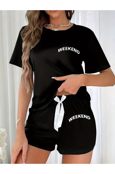 Black Slogan Text Print T-Shirt and Shorts Set