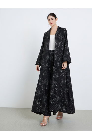 Women Notch Lapel Textured Abaya and Pants Modest Set