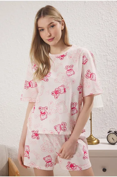 Pink 100% Cotton Teddy Bear Shorts Knitted Pajama Set
