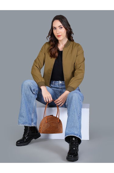 Women Brown Crop Bomber Jacket