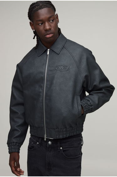 Boxy Fit Embossed OFCL Collared Bomber Jacket - black