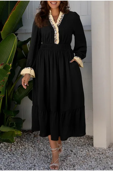 Lvness Black Contrast Leopard Frilled Trim V Neck Bracelet Sleeve Midi Dress
