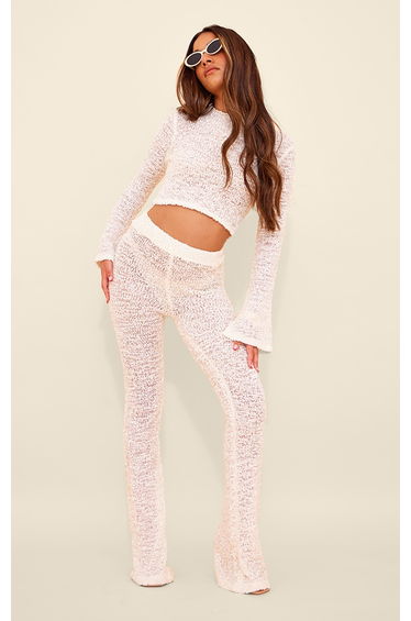 Cream Bobble Knit Flared Trousers
