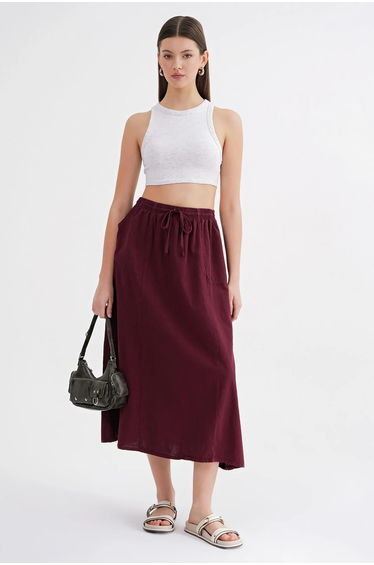 Mixray High-Waisted Poplin Skirt with Drawstring Detail