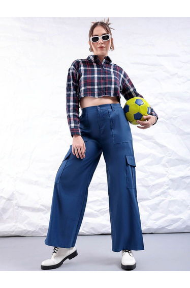 Women Blue Flared Cargo Trousers
