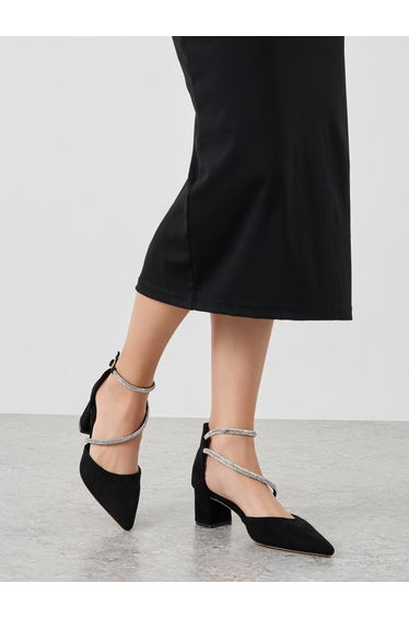Rhinestone Strap Suede Block Heel Ankle Strap Shoes